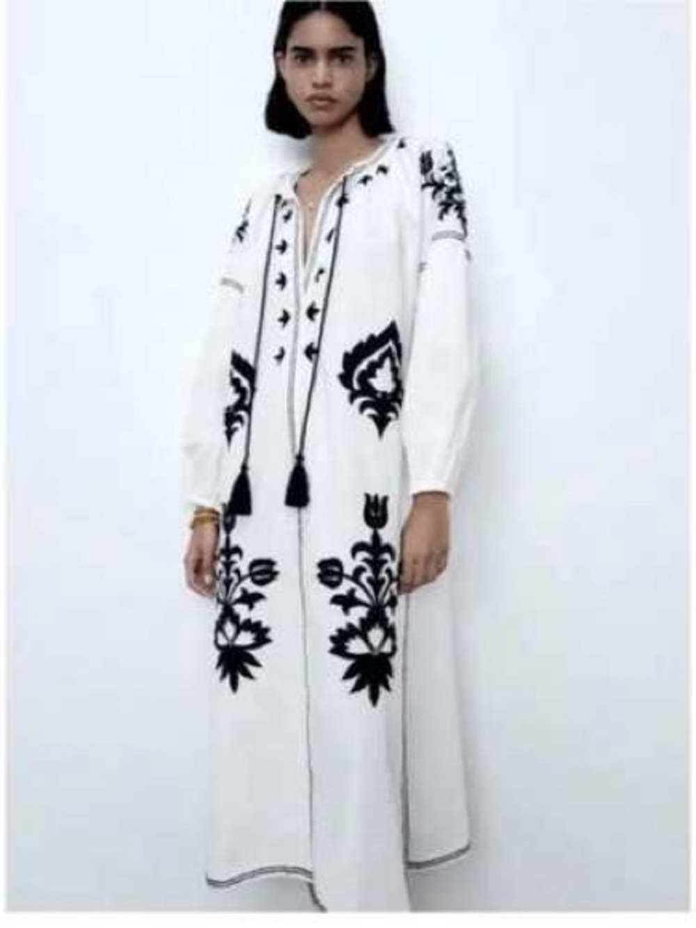 Zara Embroidered White Maxi Dress with Black Motif
